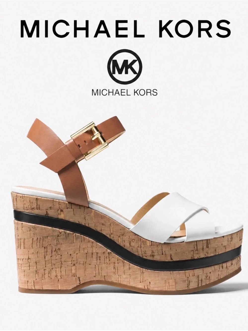 Michael Kors Chandler Cork Wedge Sandals White Leather & Luggage Brown Leather